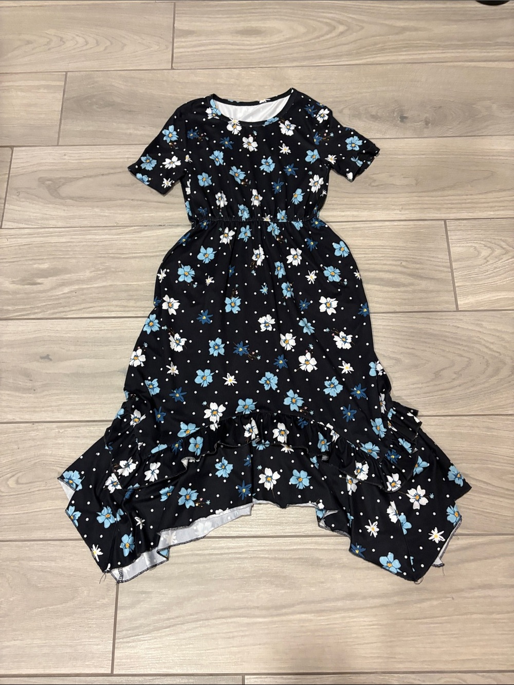 Kids Floral Black Maxi Dress with Blue and White Flowers